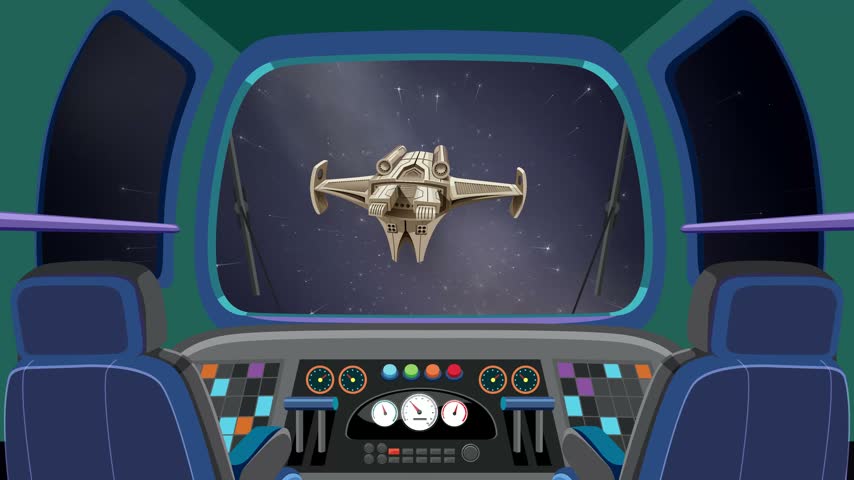 Retro cartoon spaceship cockpit looks out into deep space as another shuttle flies ahead.