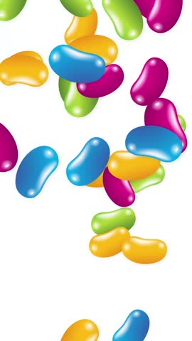 Vibrant jelly beans fall and bounce across a white background in a vertical animation.