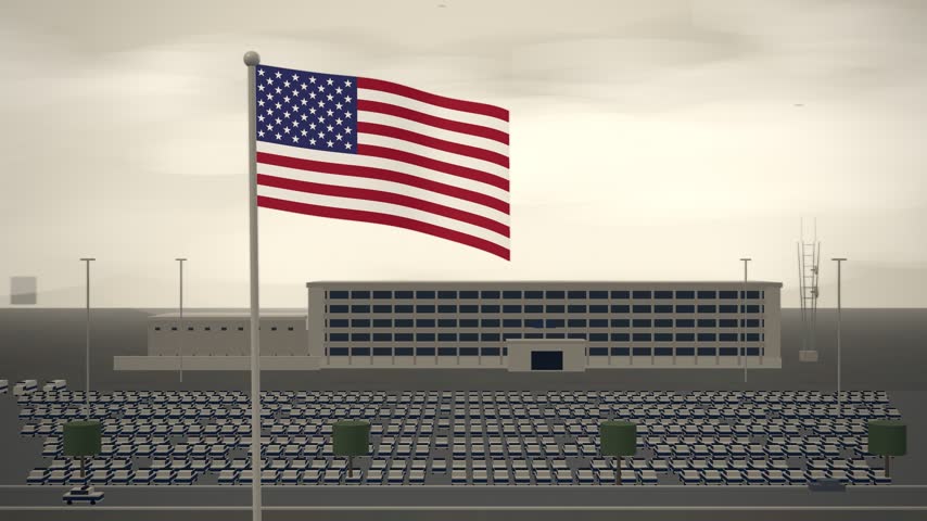 American Flag Waving Over Police Headquarters Vehicle Fleet, seamless loop.