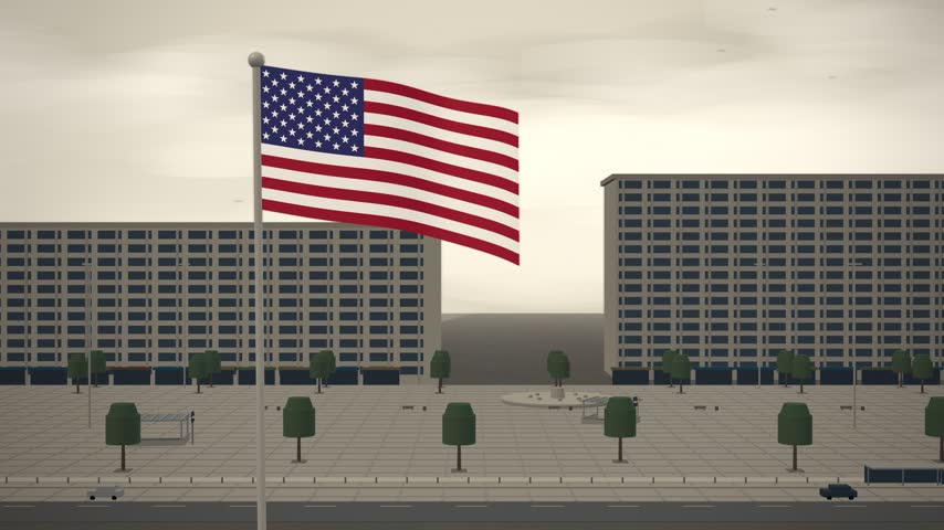 American Flag Waving Over Metro Station Entrance Square, seamless loop.