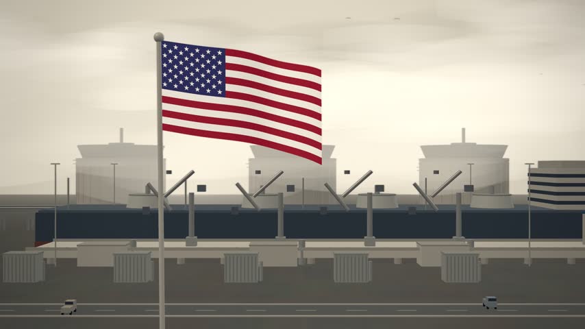 American Flag Waving Over Liquefied Natural Gas Terminal, seamless loop.