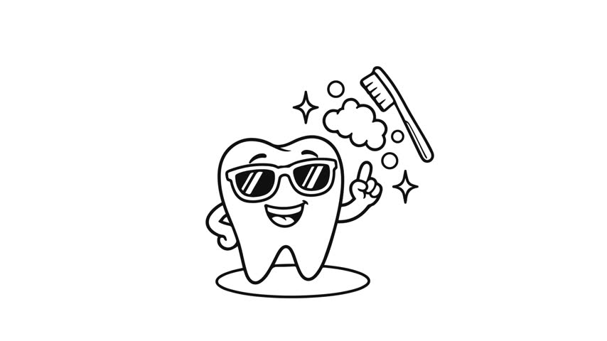 Funny Cool Tooth Mascot Character Wearing Sunglasses with Toothbrush for Dental Care Health Line Art