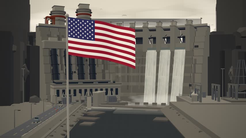 American Flag Waving Over Hydroelectric Dam Spillway, seamless loop.
