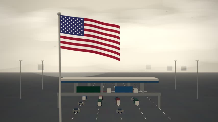 American Flag Waving Over Border Crossing Checkpoint Station, seamless loop.