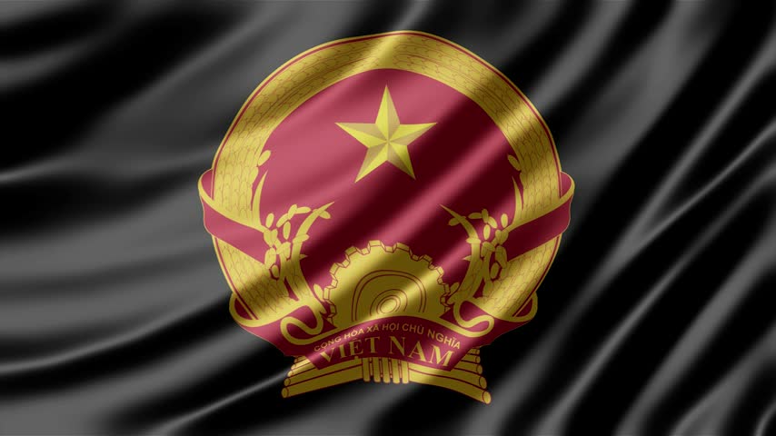 Vietnam national emblem rests gracefully on dark silk fabric while a gentle wave motion ripples across the material to create a sophisticated and patriotic atmosphere for this professional motion graphic video element that displays cultural pride and national identity with great elegance.
