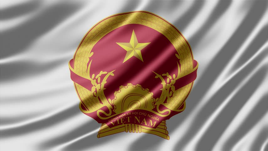 Emblem of Vietnam features a golden star and agricultural symbols centered on a white silk cloth that moves with graceful waves to create a dynamic motion video footage display that highlights national identity through high quality digital rendering and smooth fabric animation.