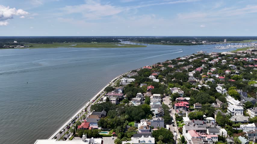 Aerial footage of homes, office buildings and apartments in Charleston South Carolina USA