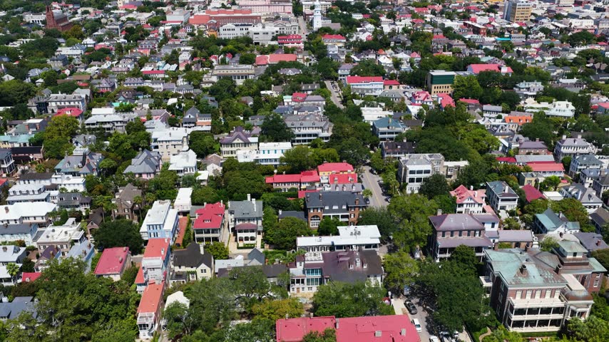 Aerial footage of homes, office buildings and apartments in Charleston South Carolina USA