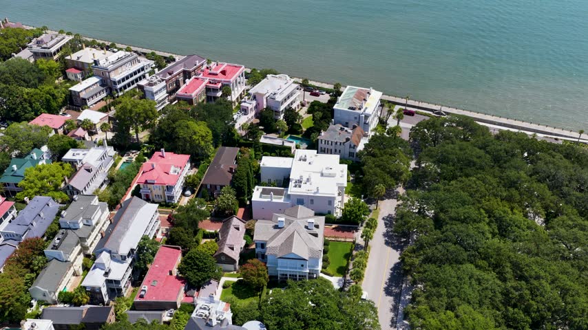 Aerial footage of a gorgeous landscape at White Point Garden in Charleston South Carolina USA