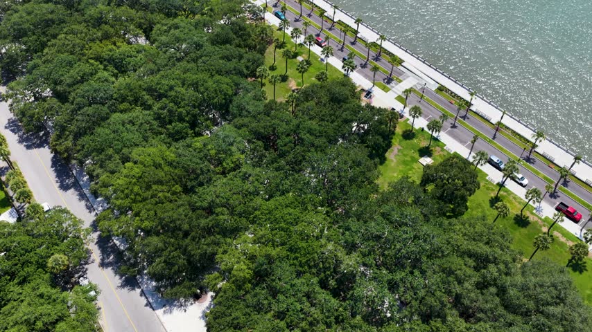Aerial footage of a gorgeous landscape at White Point Garden in Charleston South Carolina USA