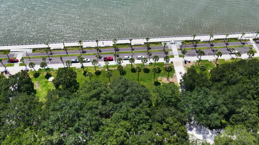 Aerial footage of a gorgeous landscape at White Point Garden in Charleston South Carolina USA