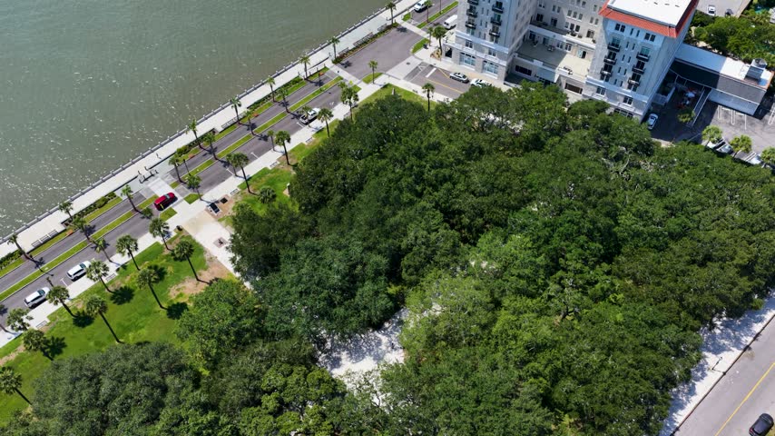 Aerial footage of a gorgeous landscape at White Point Garden in Charleston South Carolina USA