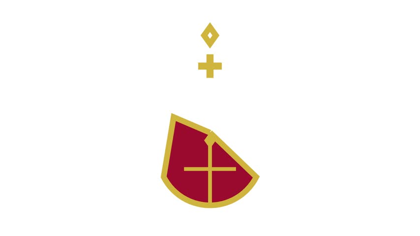 This minimalist graphic composition displays a deep crimson shield shape outlined in gold. Above the primary element floats a simple yellow cross and a small diamond geometric form. Set against a clean white backdrop, the vector style artwork maintains a symmetrical and balanced aesthetic suitable for spiritual or traditional thematic projects.