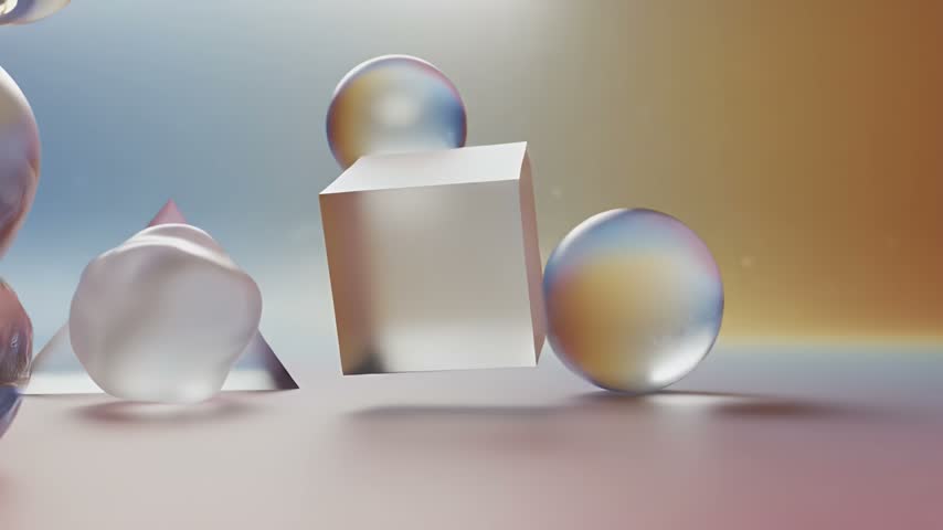 A collection of translucent geometric shapes, including spheres, cubes, and pyramids, gently floating in a soft, ambient light with a gradient background.