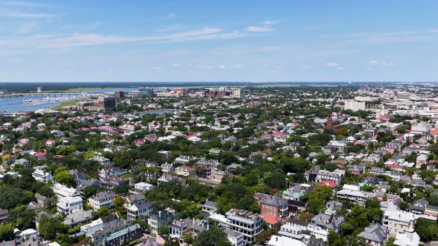 Aerial footage of homes, office buildings and apartments in Charleston South Carolina USA
