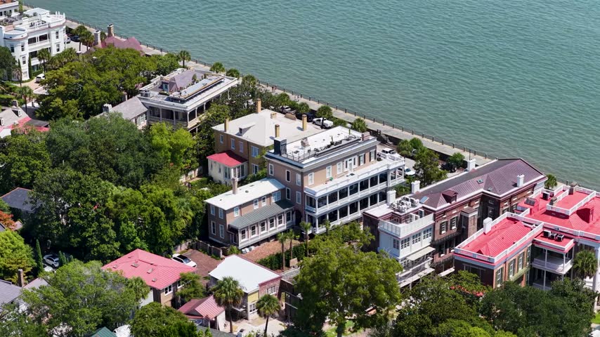 Aerial footage of homes along the waterfront in Charleston South Carolina USA