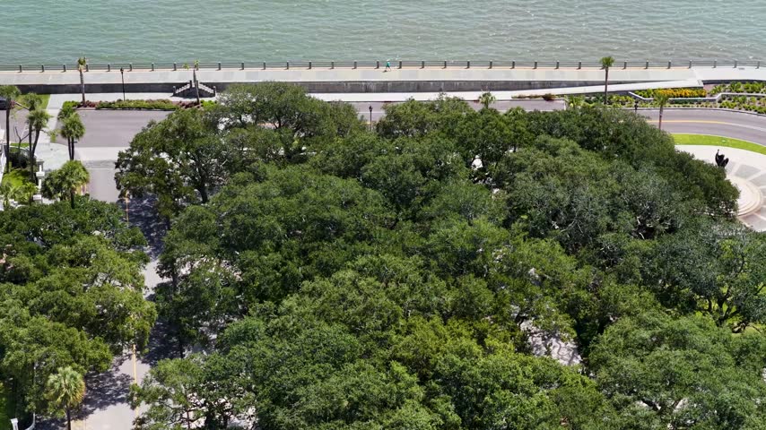 Aerial footage of a gorgeous landscape at White Point Garden in Charleston South Carolina USA
