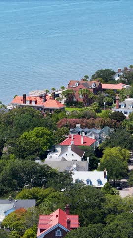 Aerial footage of homes along the waterfront in Charleston South Carolina USA