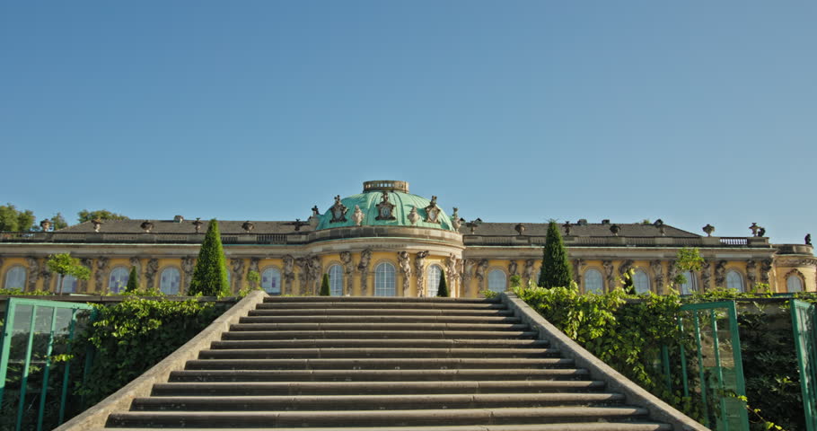 Rococo Sanssouci Palace in Potsdam, Germany, above the garden staircase and vineyard terraces.