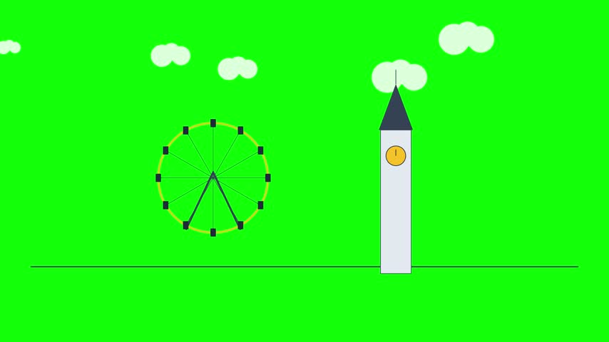 A 2D motion graphic animation of a London bus passing a clock tower and ferris wheel.