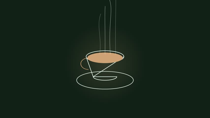 A continuous line art animation of a hot coffee cup with rising steam on a dark green background.