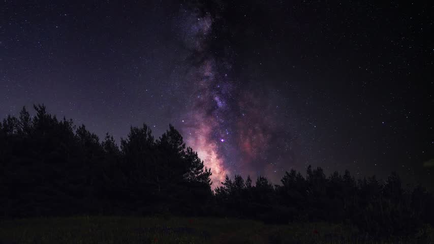 Bright colorful milky way galaxy on the night sky over the forest.
