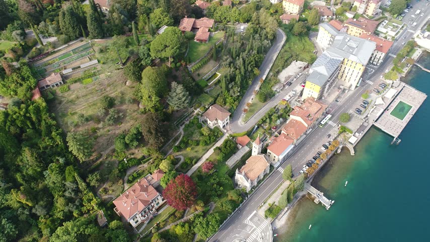 Aerial top down view of lake town
