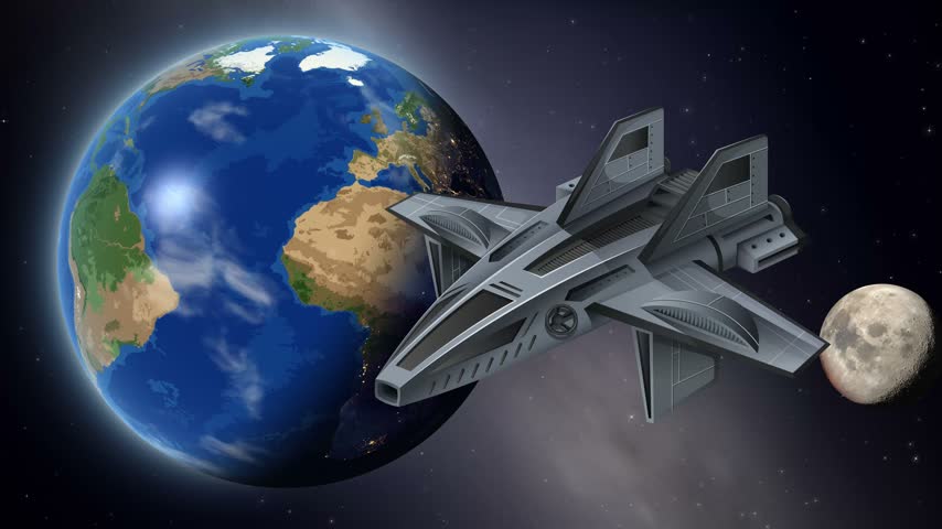 Animated sci-fi spaceship floats in orbit above a rotating Earth against a starry background.
