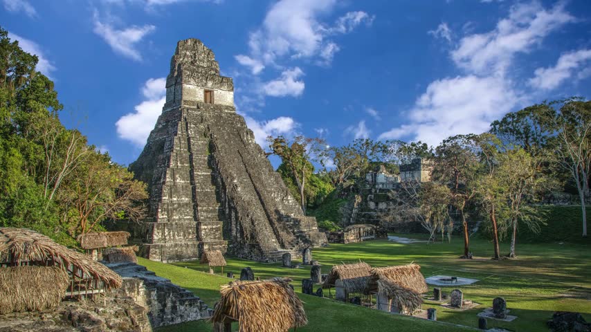 Mesmerizing view of Tikal Temple I Great Jaguar Mayan Pyramid in Guatemala Jungle. The towering stone step pyramid rises out of the lush green jungle landscape under a bright blue sky filled with white  clouds. 