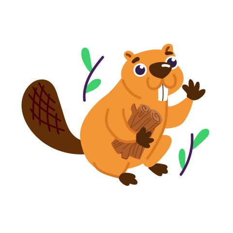Cute orange beaver character holding a wooden log and waving in a playful woodland illustration, representing wildlife, nature, forest, and children’s animation.