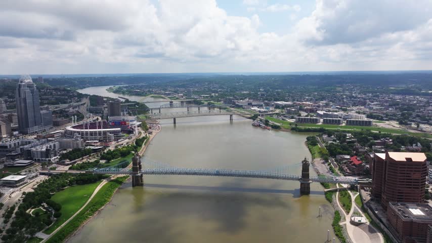 Newport Southbank Bridge spanning Ohio River near downtown Cincinnati, aerial