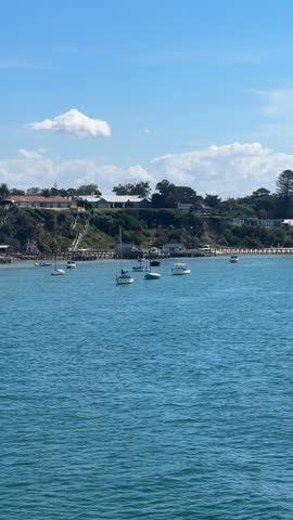 Vertical Wide High-Angle Shot of Anchored Sailboats and Boats in Bay with Coastal Houses and White Clouds in Tasmania, Australia
