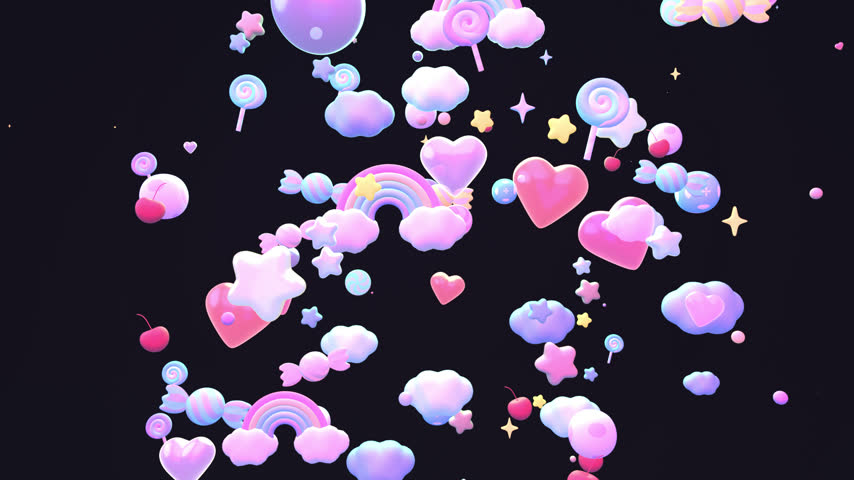 Cartoon candies, lollipops, cherries, rainbows, stars, bubbles, and clouds pop up in the sky animation. (loop)