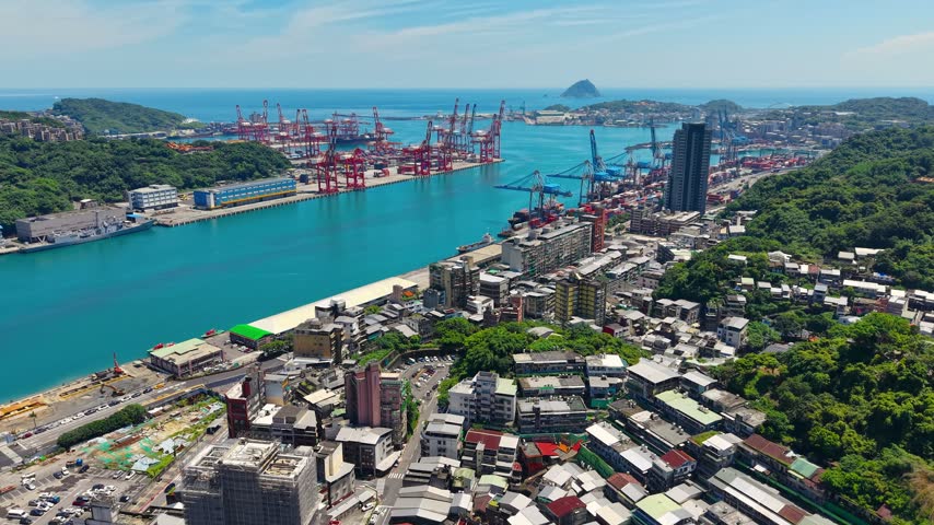 Aerial View of Keelung Port Container Terminal and Keelung Islet, Taiwan