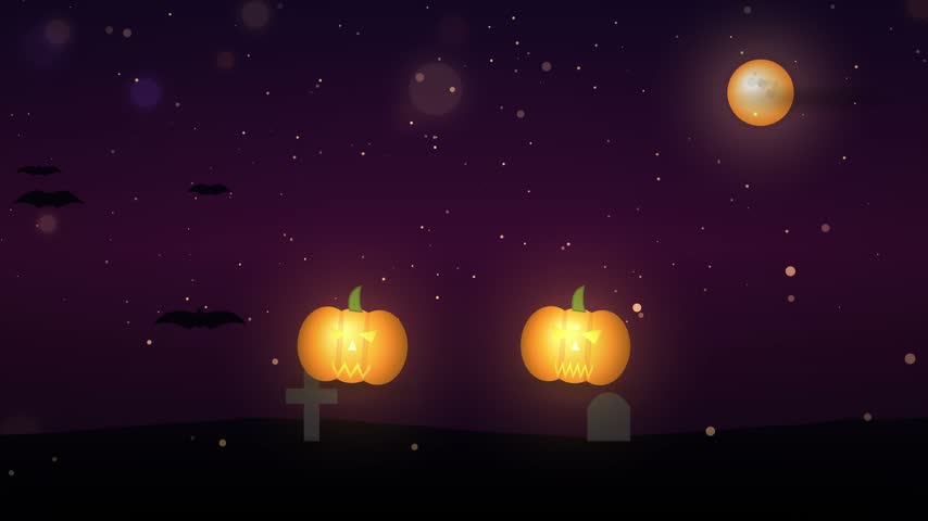 Halloween animation with glowing pumpkins and bats. Spooky graveyard scene under a full moon. Purple night sky with stars and tombstones.