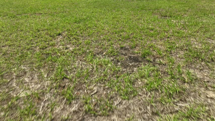 Low angle cinematic drone flight over green grassy baseball outfield approaching infield dirt at community recreational park under bright blue sky with fluffy white clouds on peaceful spring day.
