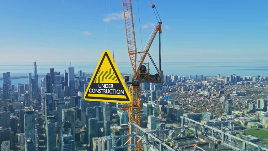 Under construction sign infographic hanging from crane over metropolitan skyline with urban development project showing financial data and business information