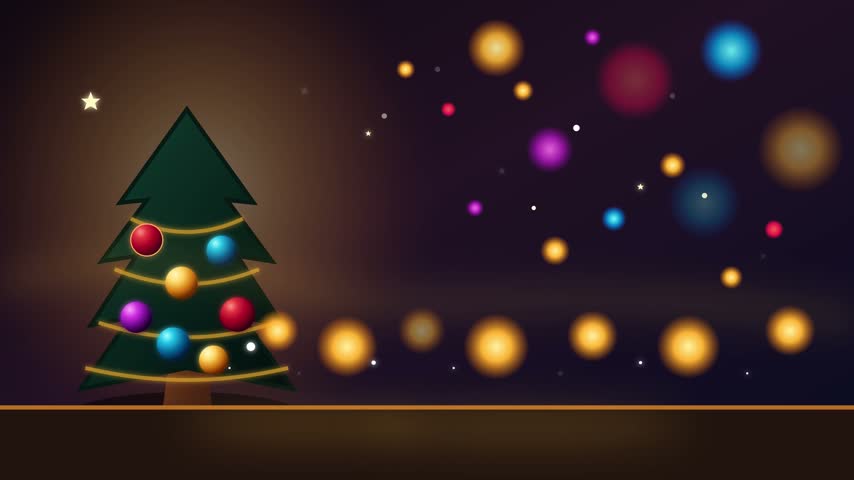 Animated Christmas tree on dark background with warm bokeh lights and festive sparkles.