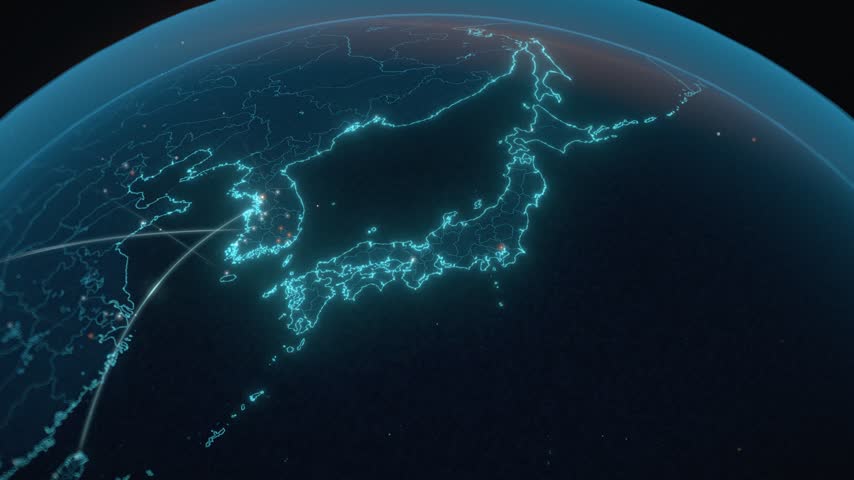 Japan And Korea Digital Communication Network Seen From Low Earth Orbit, seamless 3D loop animation.