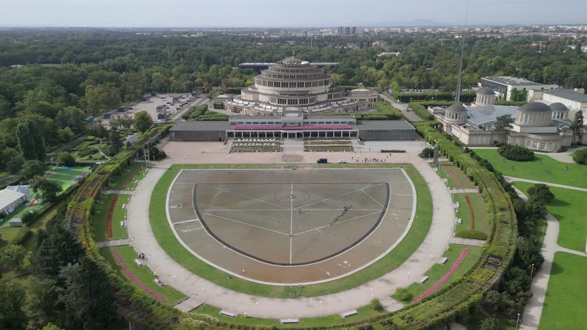 Wroclaw, Poland. Aerial view of Centennial Hall (Hala Stulecia) built in 1913 and Multimedia Fountain