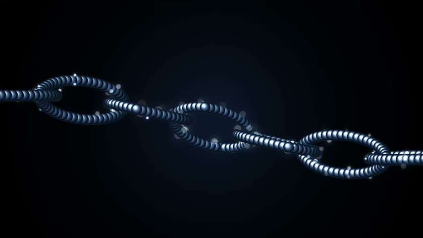 3D render of interconnected metallic chain links with glossy metallic finish floating on a dark transparent background.