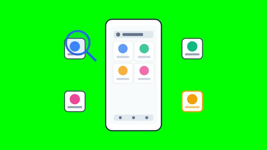 This animated image displays a smartphone surrounded by user profile icons and a magnifying glass, illustrating digital communication and social networking in a vibrant, modern style.