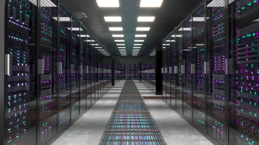 Server racks in modern data center hallway