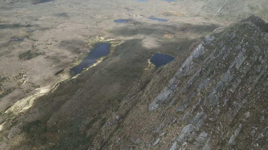 Aerial drone view of the high-altitude Sumapaz Paramo ecosystem in Colombia featuring native frailejon plants, glacial lakes, and rugged Andean mountains.