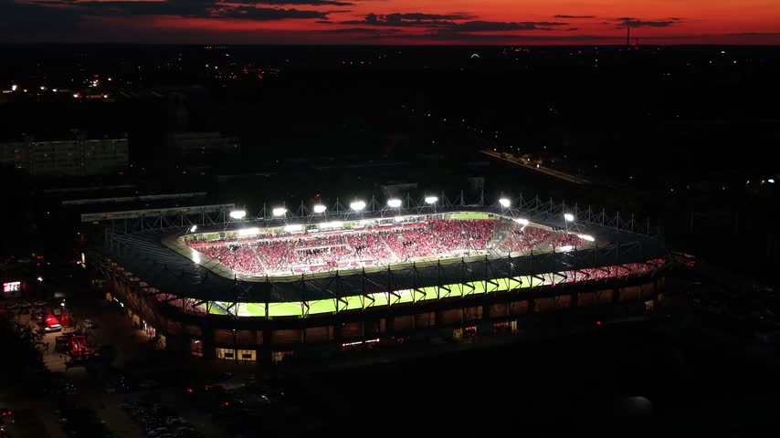 Night aerial view of Widzew Stadium (Stadion Widzewa) in Lodz, Poland