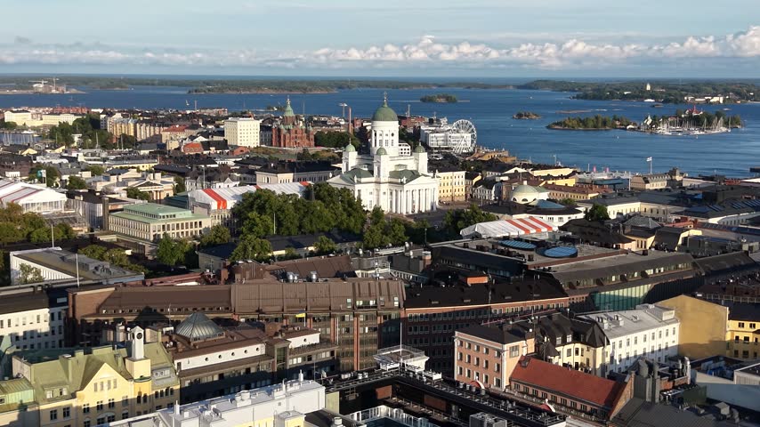 Drone shot of Helsinki Cathedral (Helsingin tuomiokirkko) and cityscape, Finland