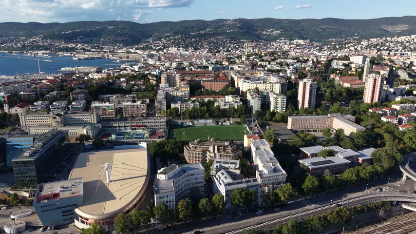 Panoramic aerial view of Trieste coastline and skyline, Italy