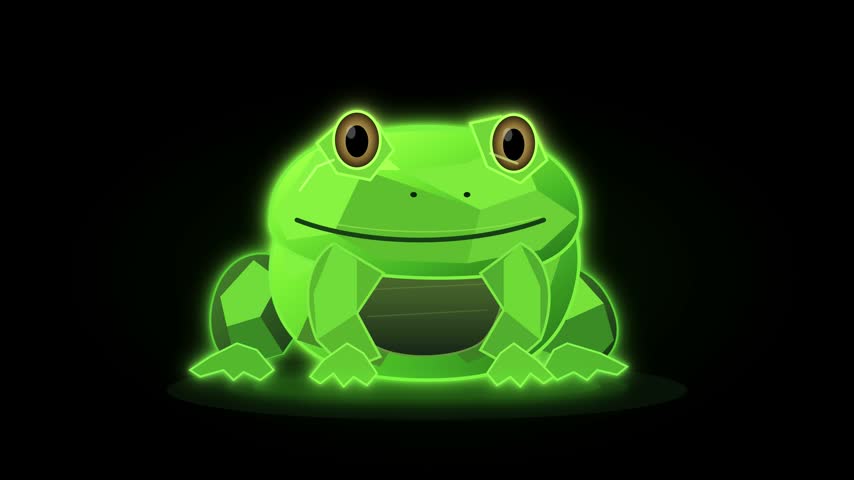 Low poly geometric green neon frog character glowing on a solid black background animation.