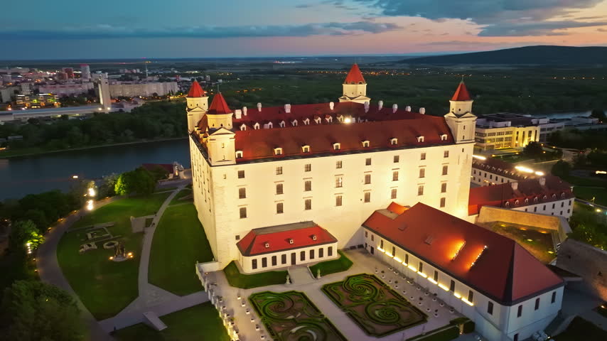 Aerial view of Bratislava Castle at night, a historic landmark in the capital city of Bratislava, Slovakia