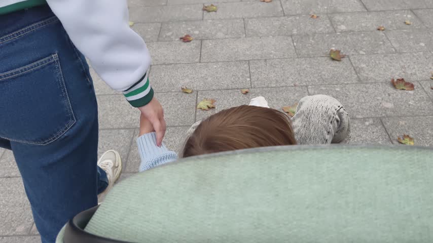 Toddler boy in stroller holding hands with teenage siblings walking outdoors